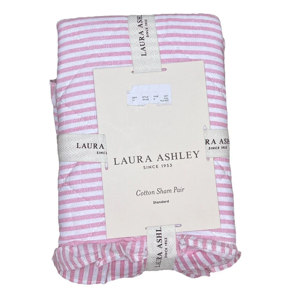 Laura Ashley Oxford Stripe Pink Cotton Sham Pair Standard Pillow Ruffle Trim New